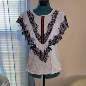Chic White and Black Lace Ruffle Blouse